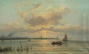 Gezigt Op De Maas Voor Rotterdam Bij Ondergaande Zon: Ships On The River Maas At Sunset, Rotterdam by Johannes Hermanus Barend Koekkoek