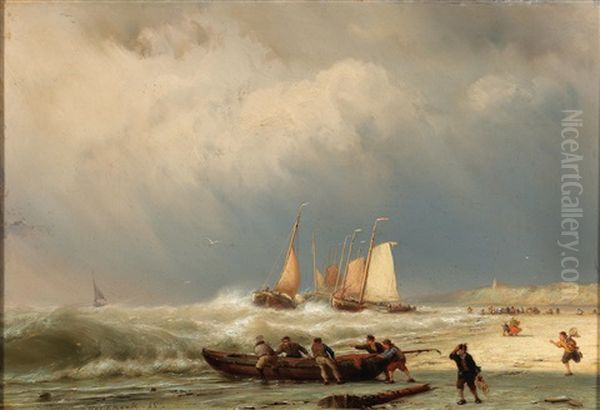 Fishermen On The Beach With An Approaching Storm - view 1