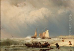 Fishermen On The Beach With An Approaching Storm by Johannes Hermanus Barend Koekkoek