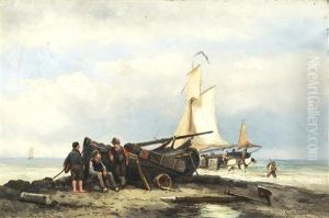 Fisherfolk On The Shore by Johannes Hermanus Barend Koekkoek