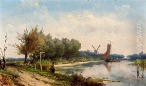 Landschap Met Visser Aan Een Vaart by Johannes Hermanus Barend Koekkoek