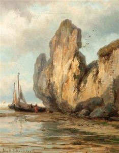 Fishing Boat On An English Beach With Rock Face by Johannes Hermanus Barend Koekkoek