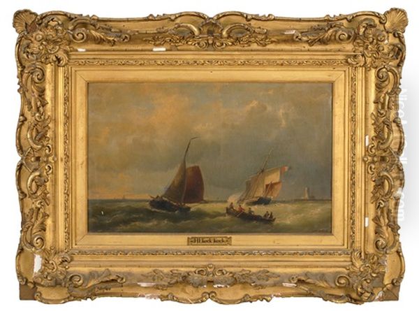 Five Men In A Rowing Dory Approaching A Fishing Vessel. Larger Two-masted French Ship Sailing To Windward. Lighthouse In Distant Right - view 1