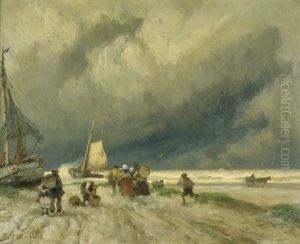 Fischer Am Strand Bei Sturmischem Wetter by Johannes Hermanus Barend Koekkoek