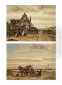 Children Watching A Shellfisher In The Dunes; Children Watching Two Fishermen At Work By A House (pair) by Johannes Hermanus Barend Koekkoek
