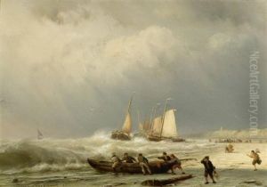 Fischer Mit Booten Am Strand Bei Sturmischem Meer by Johannes Hermanus Barend Koekkoek