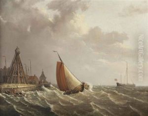 Ships In Stormy Weather Near The Coast by Johannes Hermanus Barend Koekkoek