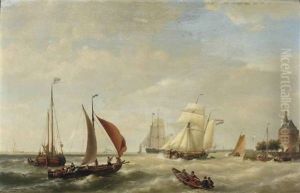 Sailing Ships Near The Shore Of Enkhuizen by Johannes Hermanus Barend Koekkoek