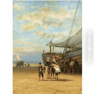 Donkey Riding On The Beach, Scheveningen by Johannes Hermanus Barend Koekkoek