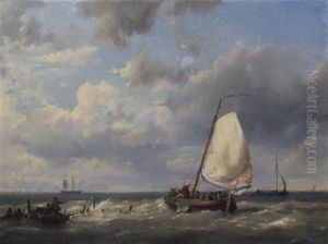 Fishing Boat And Other Vessels Off The Coast by Johannes Hermanus Barend Koekkoek