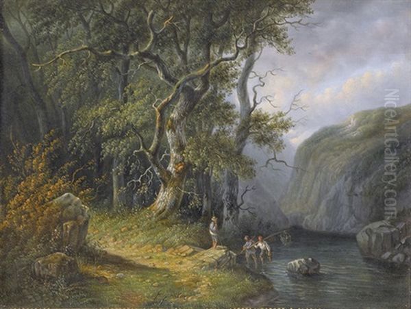 Gebirgige Flussuferpartie Mit Fischern - view 1