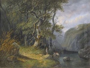 Gebirgige Flussuferpartie Mit Fischern by Johannes Hermanus Barend Koekkoek