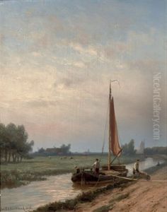 Unloading A Barge On The Gooische Vaart, Hilversum by Johannes Hermanus Barend Koekkoek