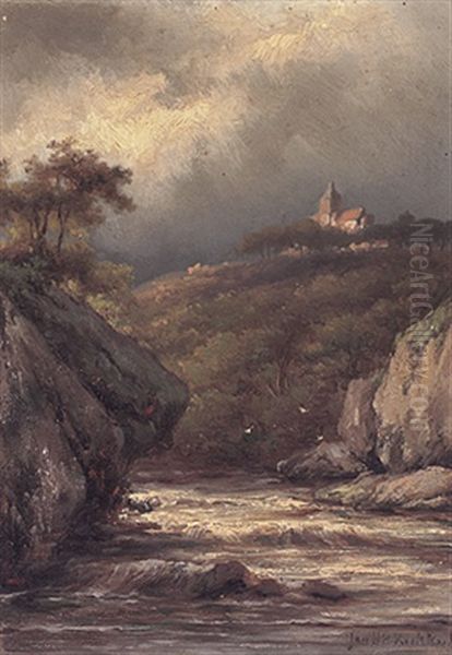Flusslandschaft Mit Kleinem Katarakt Und Kirche Auf Gegenuberliegendem Hugel - view 1
