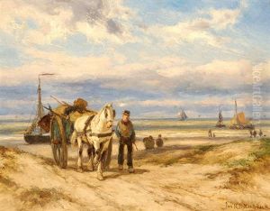 Fisherman With Horse And Wagon On A Dune Path And Sailing Boats Offshore