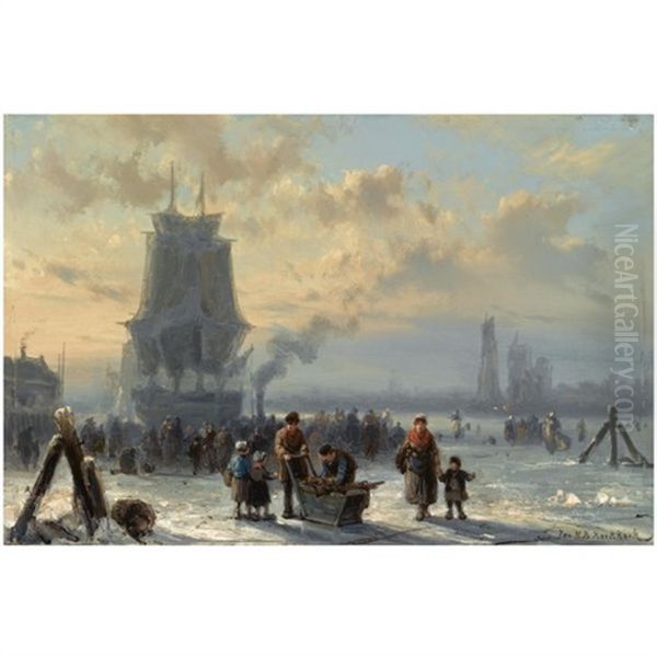 Many Figures Skating On The Ice, Boats In The Background - view 1