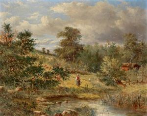 Bewaldete Landschaft Mit Einer Jungen Frau An Einem Gewasser by Johannes Hermanus Barend Koekkoek