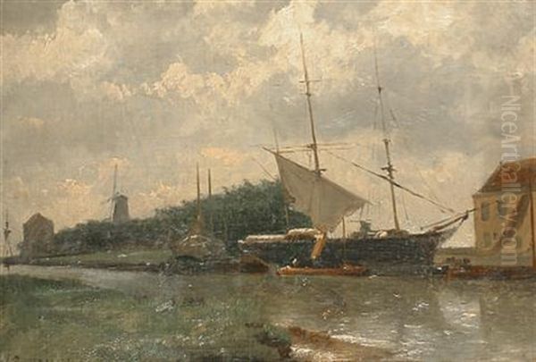Boats On A Canal With A Windmill In The Distance - view 1