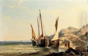 Boats Moored By A Rocky Beach by Johannes Hermanus Barend Koekkoek