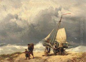 Fisherfolk On A Windswept Beach by Johannes Hermanus Barend Koekkoek