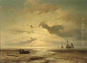 A Coastal Scene With Figures On The Beach by Johannes Hermanus Barend Koekkoek