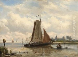 Fishing Boats At Anchor, The Muiderslot In The Distance by Johannes Hermanus Barend Koekkoek