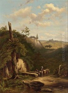 Resting Travellers In A Wooded Landscape by Johannes Hermanus Barend Koekkoek