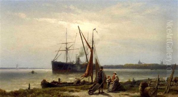 A Steamship Anchored In A River - view 1
