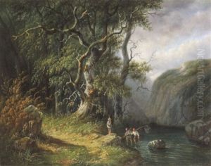 Bewaldete Bachlandschaft Mit Drei Fischern Bewaldete Bachlandschaft Mit Drei Fischern