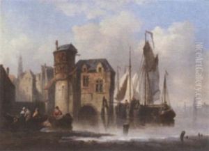 Barges Moored Off A Merchant's House In The Low Countries