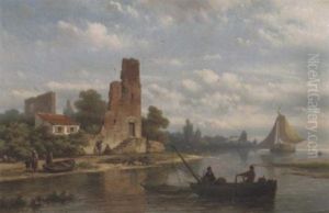 Fishermen Near A Ruin On A Riverbank Fishermen Near A Ruin On A Riverbank