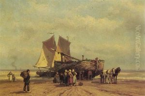 Fisherfolk By A Beached Bomschuit by Johannes Hermanus Barend Koekkoek