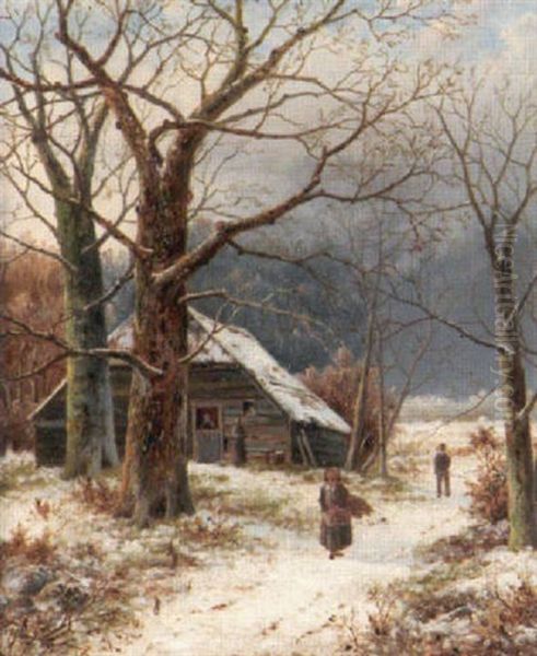Reisigsammlerin Vor Kate Im Winterwald - view 1