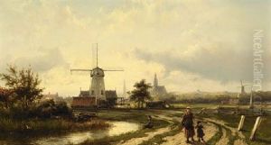 A Summer Landscape With Peasants On A Path, A Town In The Distance by Johannes Hermanus Barend Koekkoek