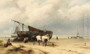 Fisherfolk By A Beached Bomschuit by Johannes Hermanus Barend Koekkoek
