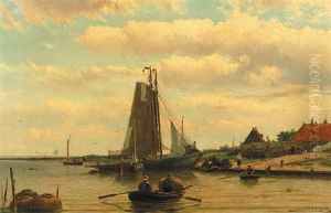 A Sunny Day With Fisherfolk Setting Out Fish Traps by Johannes Hermanus Barend Koekkoek