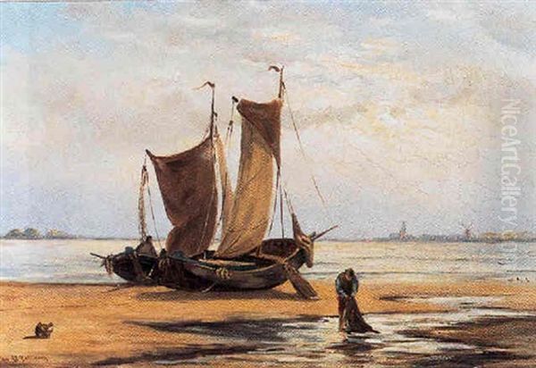 Bomschuiten Met Vissers Op Het Strand - view 1