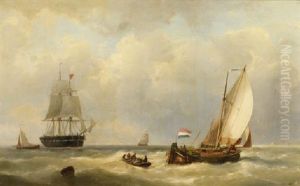 Sailors In A Rowing Boat Approachinf A Three-master At Sea by Johannes Hermanus Barend Koekkoek