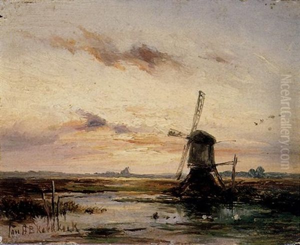 A Windmill In A Polder Landscape At Sunset - view 1