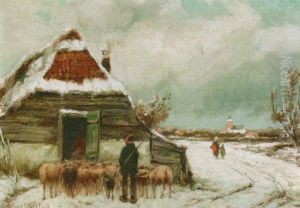 A Winter Landscape With A Shepherd And His Flock by Johannes Hermanus Barend Koekkoek