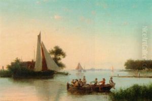 A River Landscape With Figures In A Rowing Boat