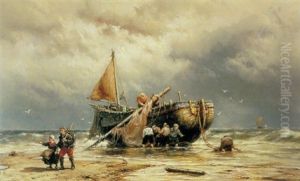 Fishermen Mooring A Bomschuit On Scheveningen Beach