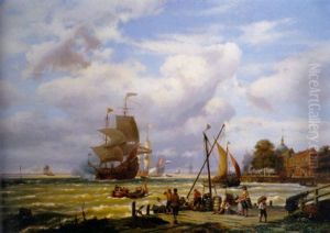 A V.o.c. Merchantship In The Roads Of Dordrecht With Numerous Figures On A Quay