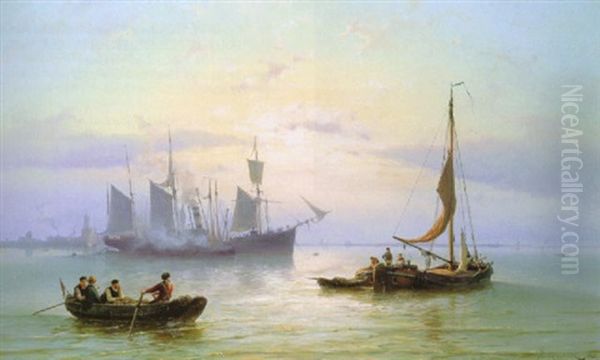 Vessels In A Calm Sea At Sunset - view 1