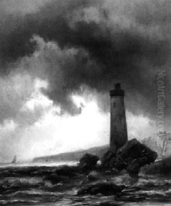 A Coastal View With A Lighthouse by Johannes Hermanus Barend Koekkoek
