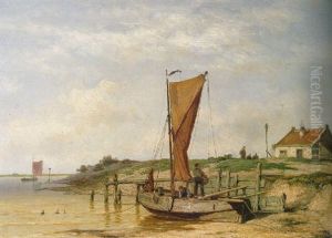 Fishermen Unloading A Beached Coastal Craft by Johannes Hermanus Barend Koekkoek