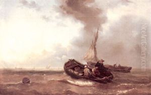 Dutch Fishing Boats On The High Seas With A Dinghy Trawling In The Foreground by Johannes Hermanus Barend Koekkoek