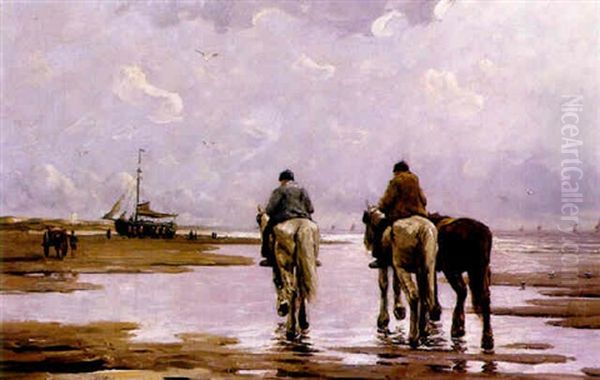 Reiter An Der Hollandischen Kuste Mit Angelandetem Segelboot - view 1