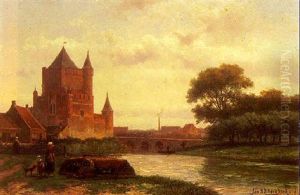 A View Of A Towngate With Figures Repairing A Boat In The Foreground