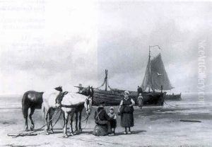 A Fisherman's Family With Horses On The Beach by Johannes Hermanus Barend Koekkoek